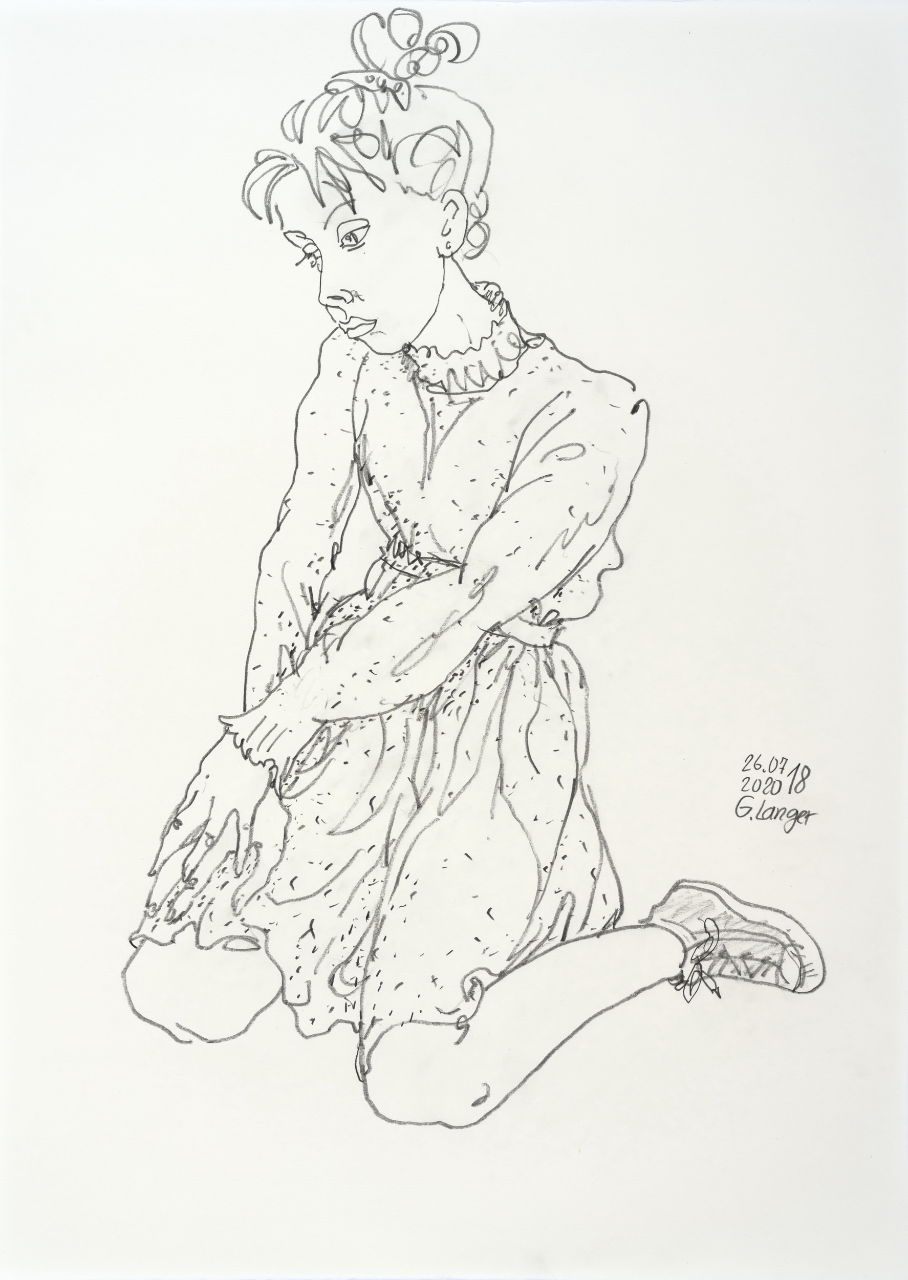 Gunter Langer, Kniendes Mädchen im langem Kleid, 2020, Zeichenpapier, 71 x 51 cm